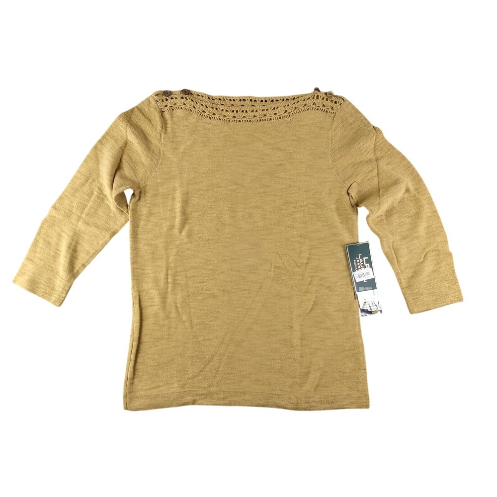 Ralph Lauren Jeans Co Knit Top LRL Khaki Cotton Crochet Button Trim Women XS NWT
